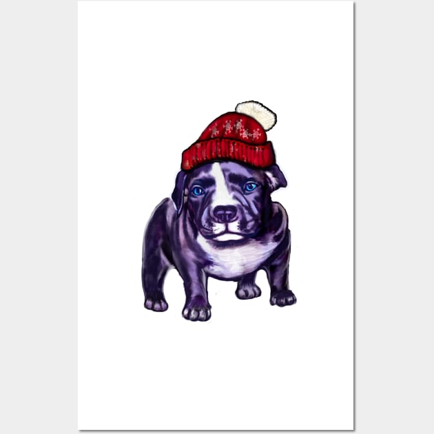 pit bull dog puppy in a red beanie hat - cute blue line pittie with piercing blue eyes Wall Art by Artonmytee